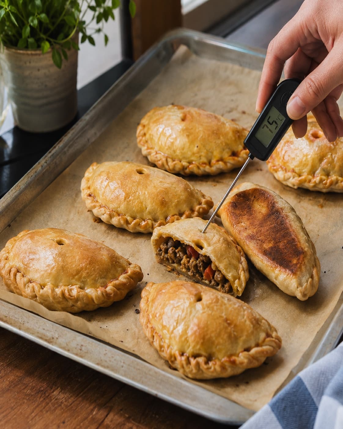 Gyldne empanadas bager på varm plade med sprød lukket kant