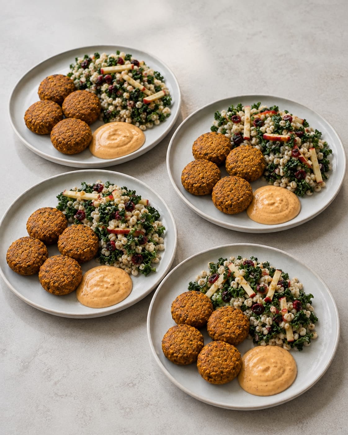 Fire portioner falafel serveres med perlebygssalat og appelsin-tahin