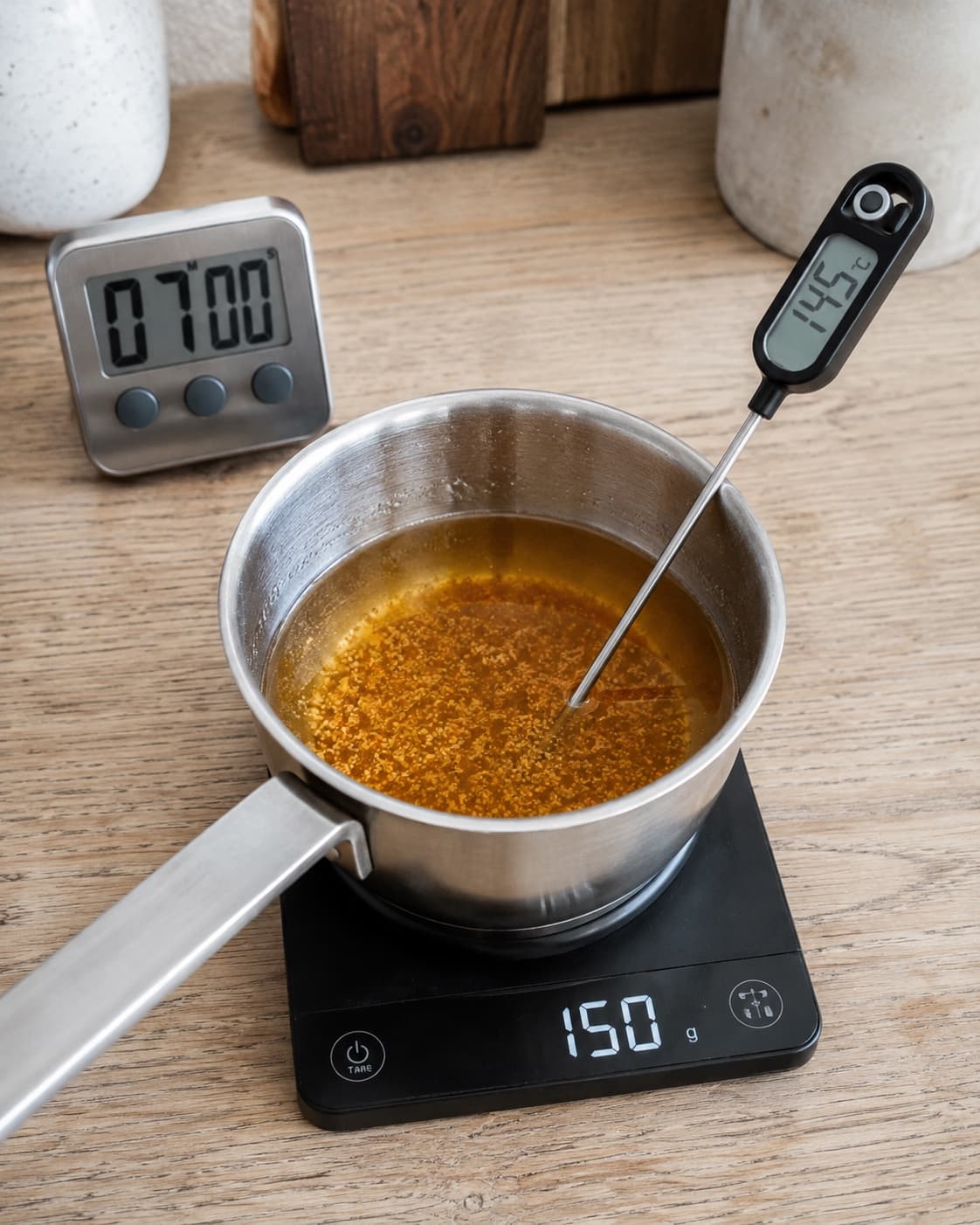 Smør brunes til cirka 150 gram ved 145 grader