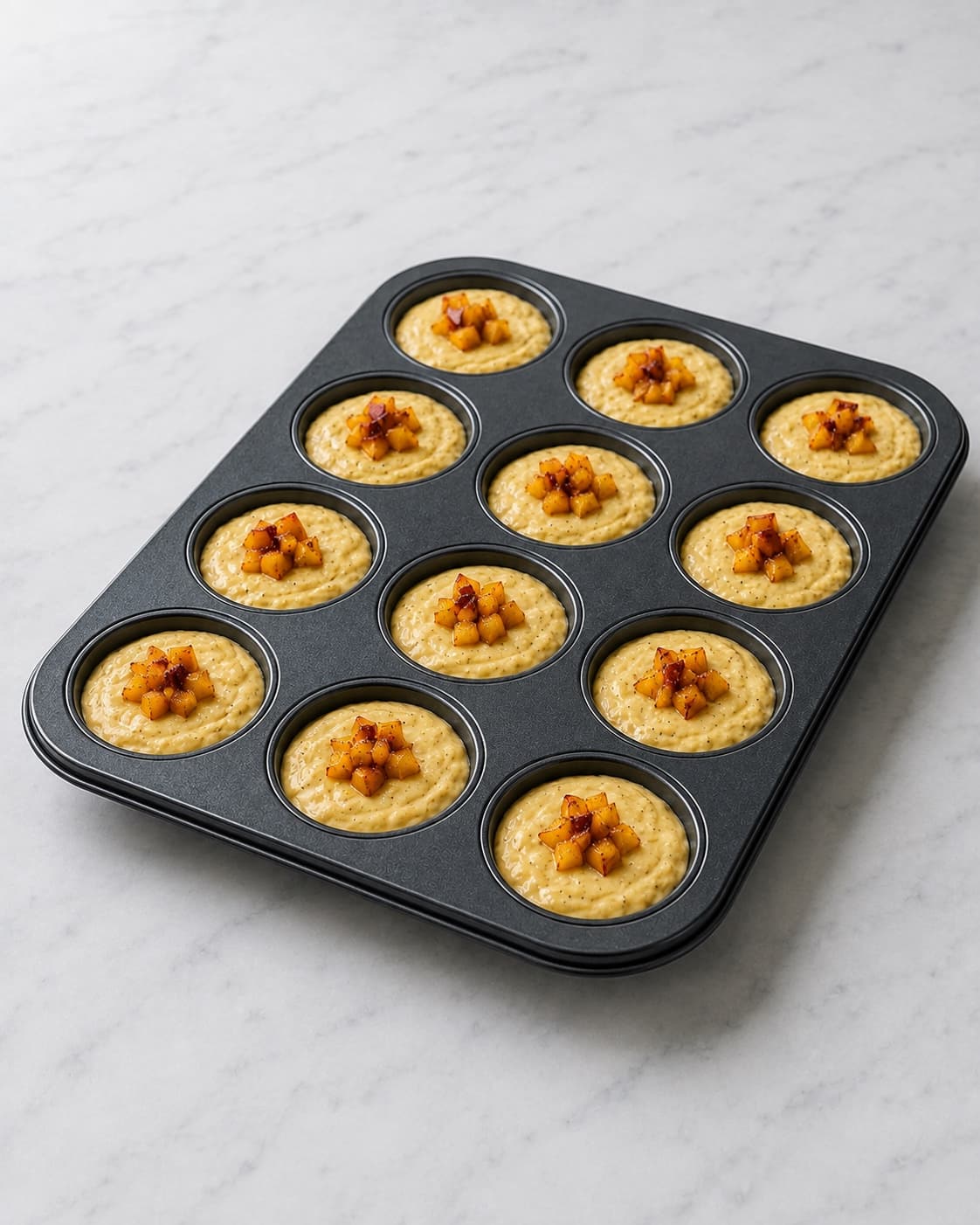 Tolv muffinforme fyldes med 99 gram dej og fersken