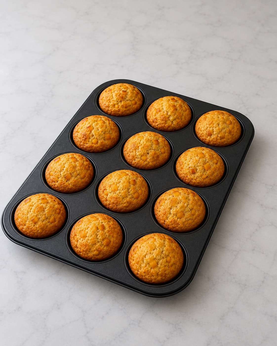Tolv ferskenmuffins bages til 96 grader