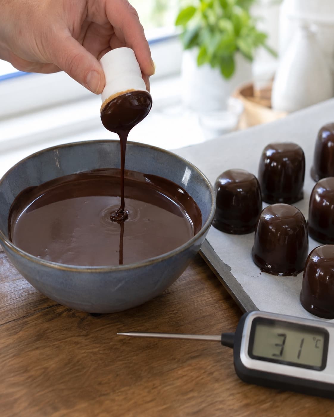 Tørre flødebolletoppe dyppes i blank tempereret mørk chokolade