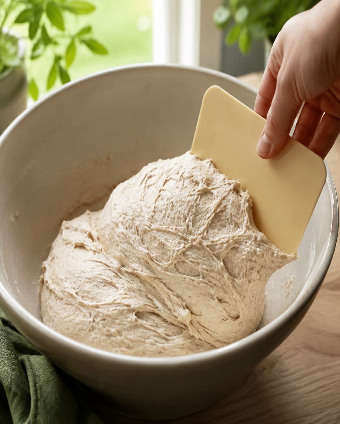 Grov franskbrødsdej hviler før gær og salt tilsættes