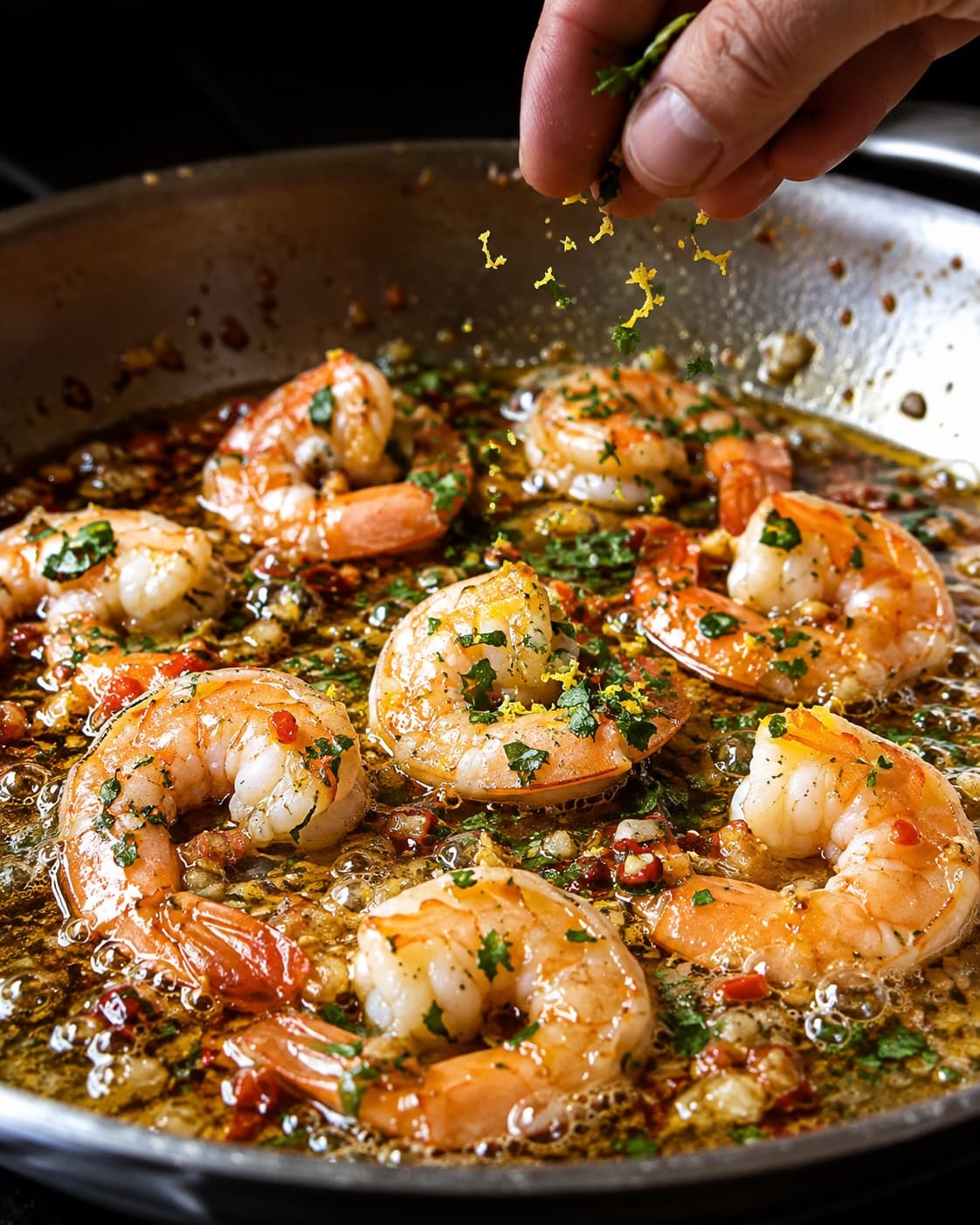 Færdige gambas vendes med citronskal, saft og frisk persille i blank chiliolie