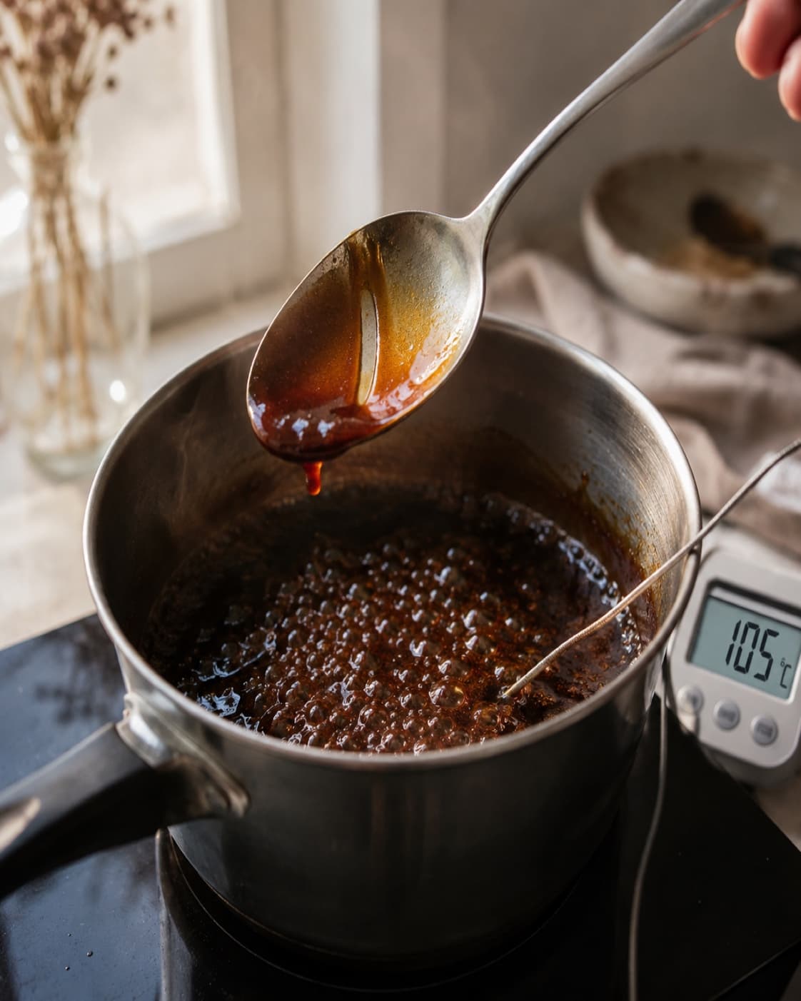 Mahognifarvet gastrik reduceres til 105 grader og tynd skehinde
