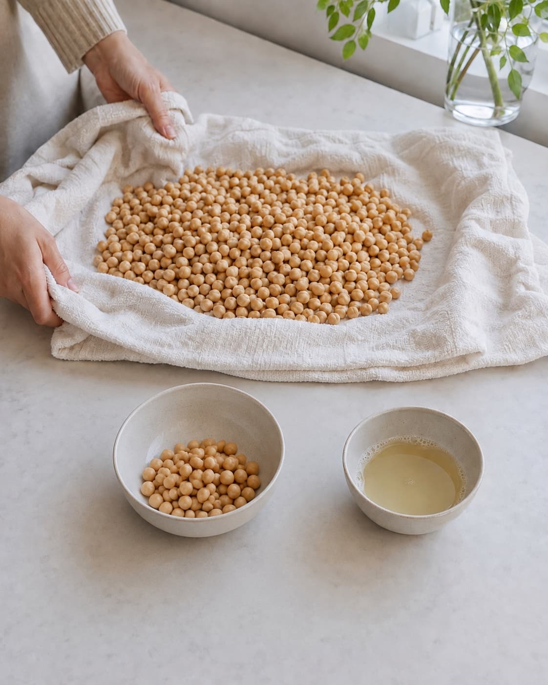 Kikærter drænes til 400 gram og duppes tørre med 120 milliliter aquafaba gemt