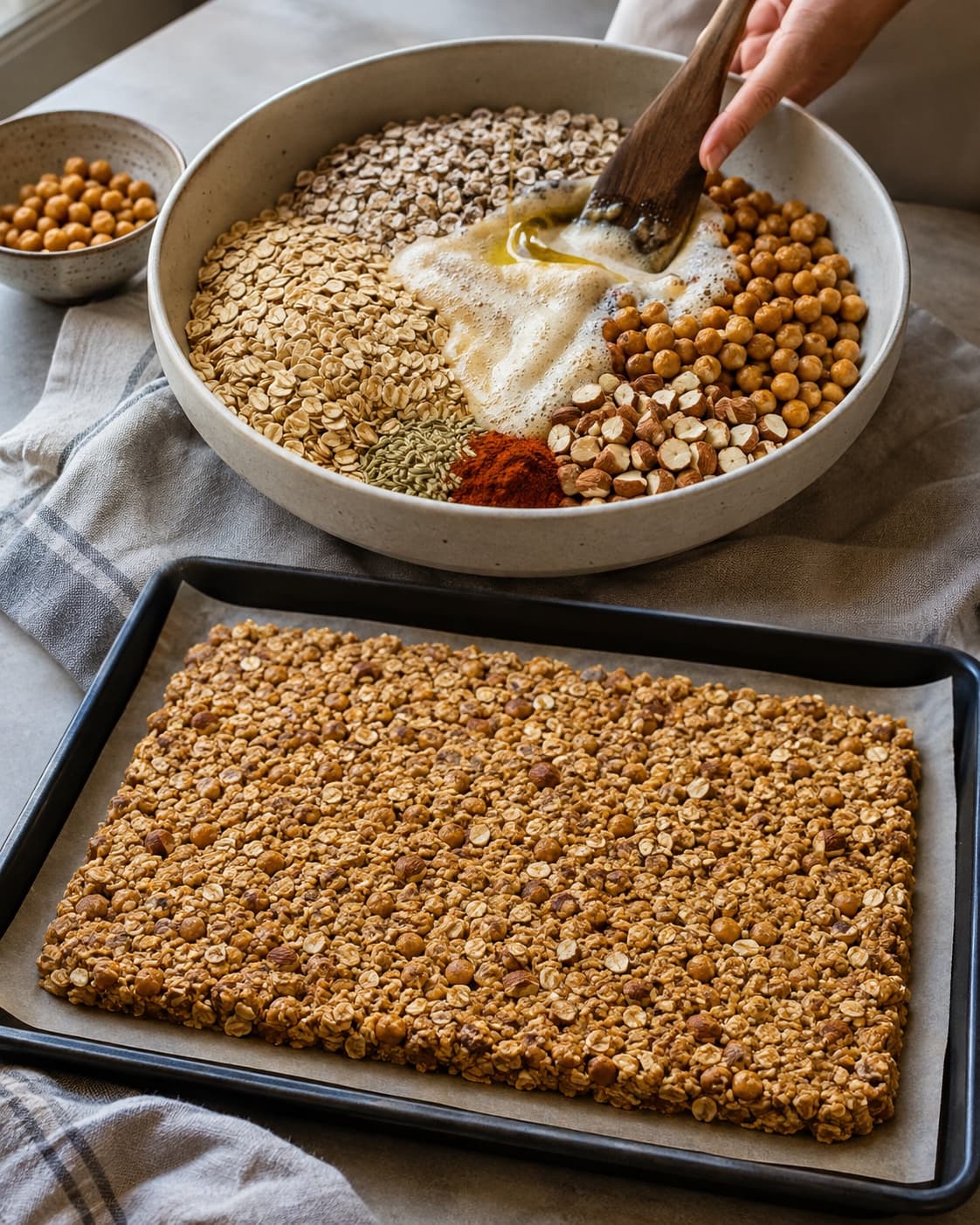 Salt granola blandes med aquafabaskum og presses 1,5 centimeter tyk
