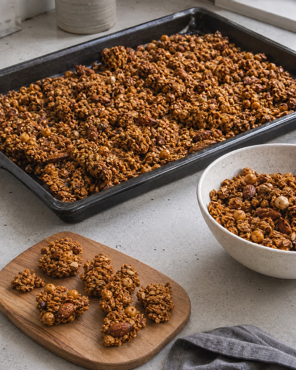 Salt kikærtegranola køles i store sprøde klynger til cirka 900 gram