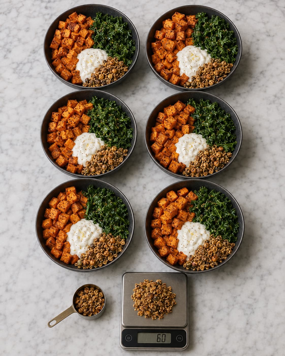 Seks aftensmadsskåle anrettes med sød kartoffel, grønkål, yoghurt og granola