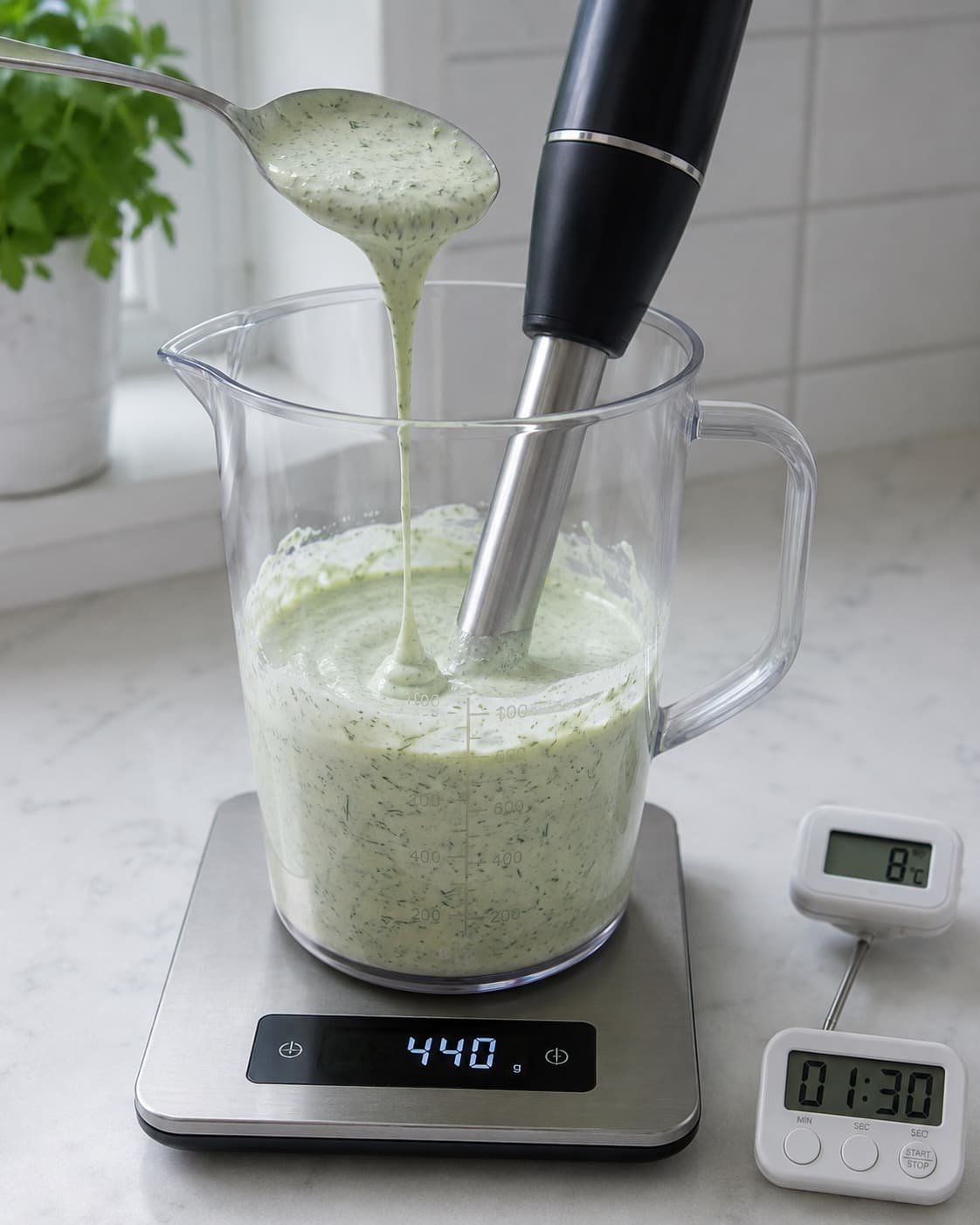 Kærnemælks-dilddip blendes til 440 gram ved 8 grader