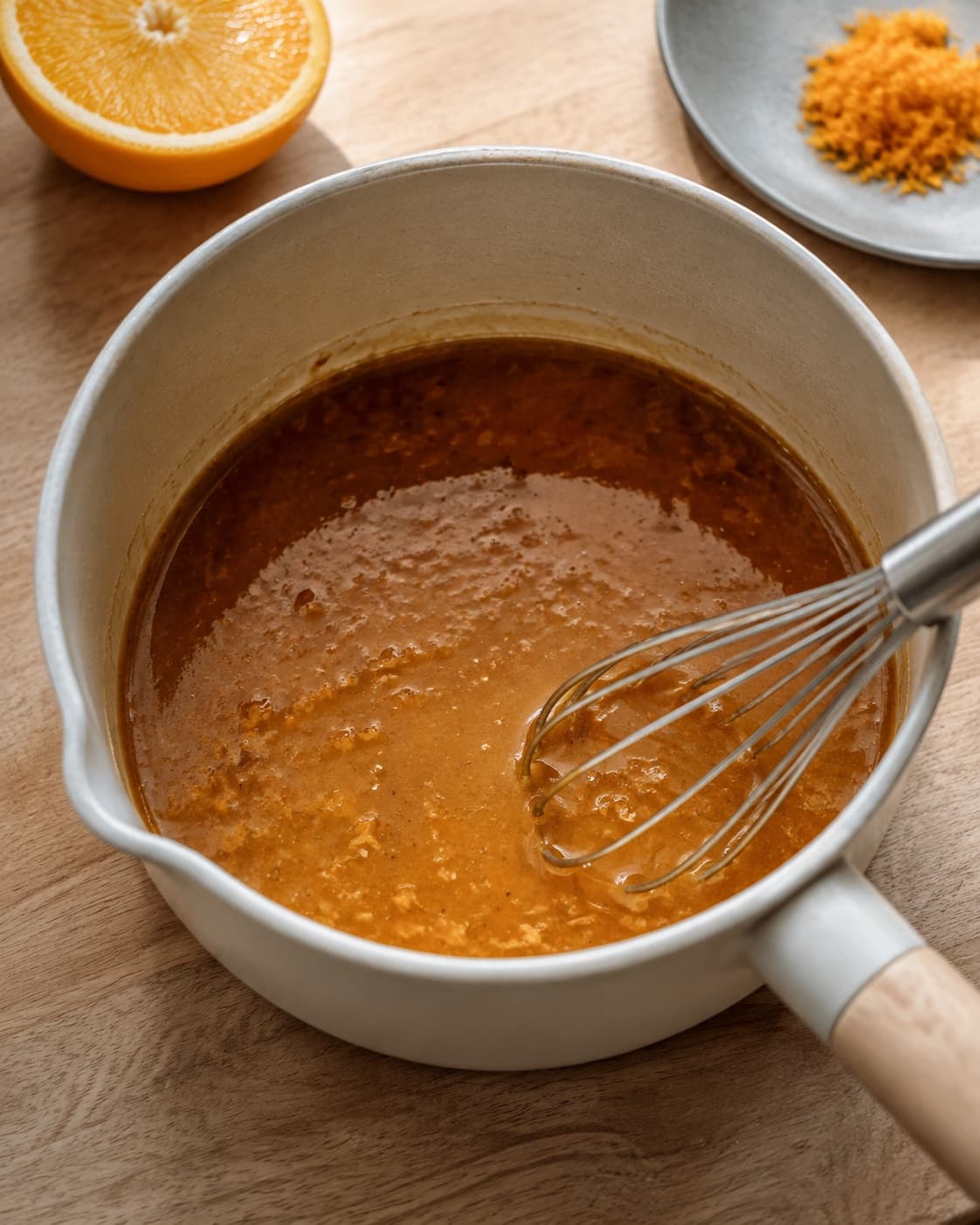 Nøddebrunt smør piskes glat med hvid miso, appelsin og honning til blank glasering
