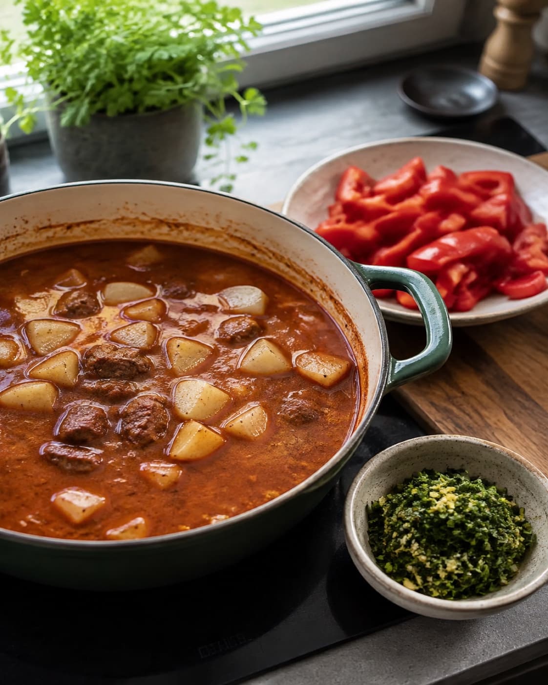 Færdig gullaschsuppe toppes med citronpersille