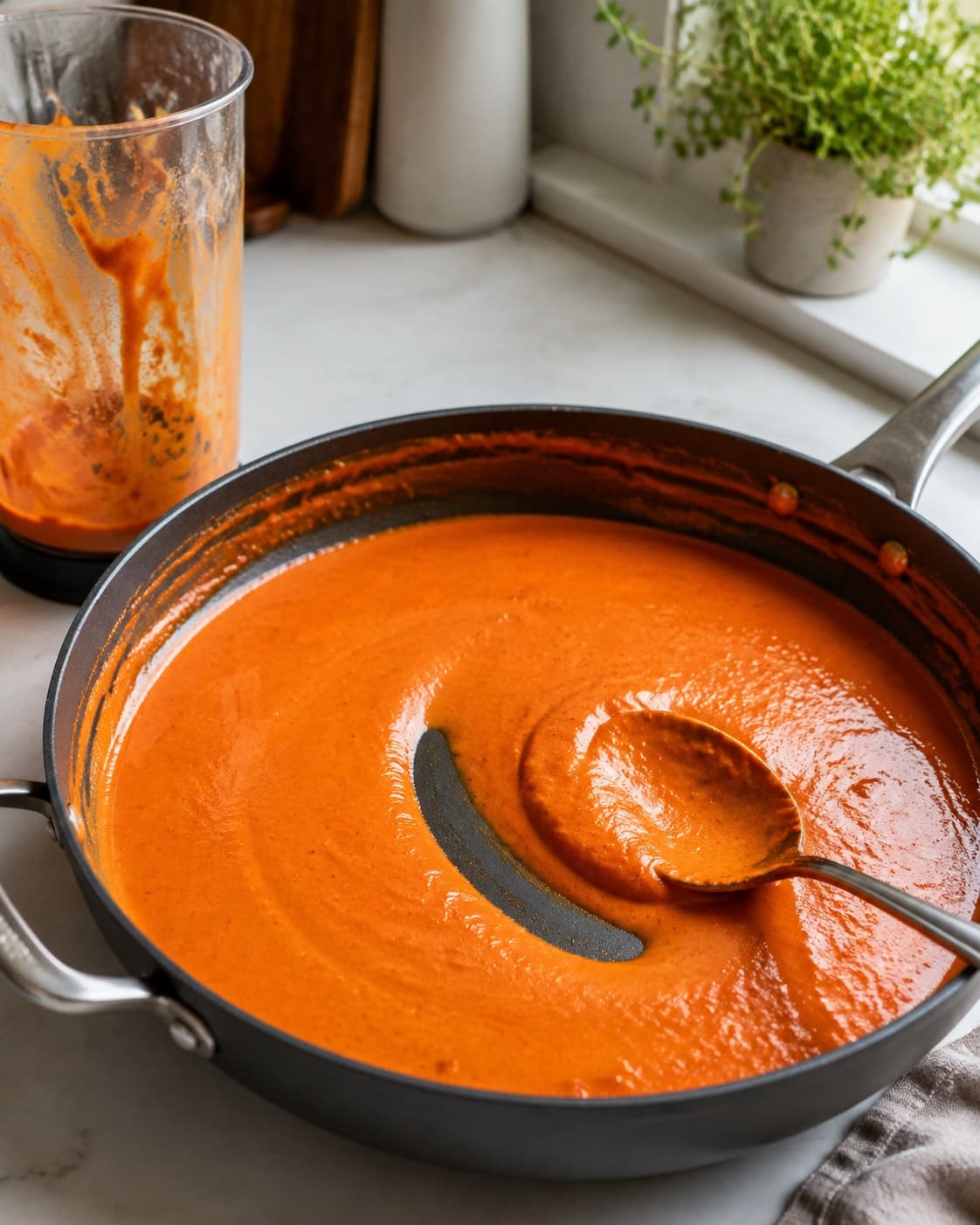 Orangerød peberfrugtsauce blendes helt glat efter at pandens stegerester er opløst med bouillon