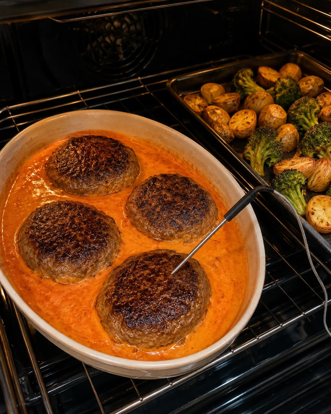 Brunede hakkebøffer færdigbages i glat pikant peberfrugtsauce med gyldne kartofler og broccoli
