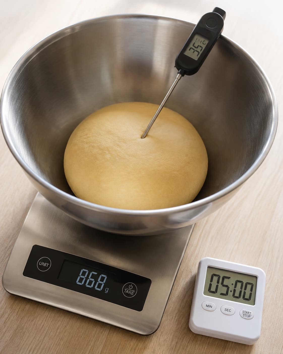Masa-dej blandes til cirka 868 gram ved 35 grader