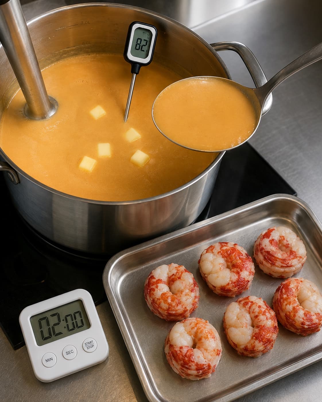 Hummersuppe blendes med selleri og smør ved 82 grader