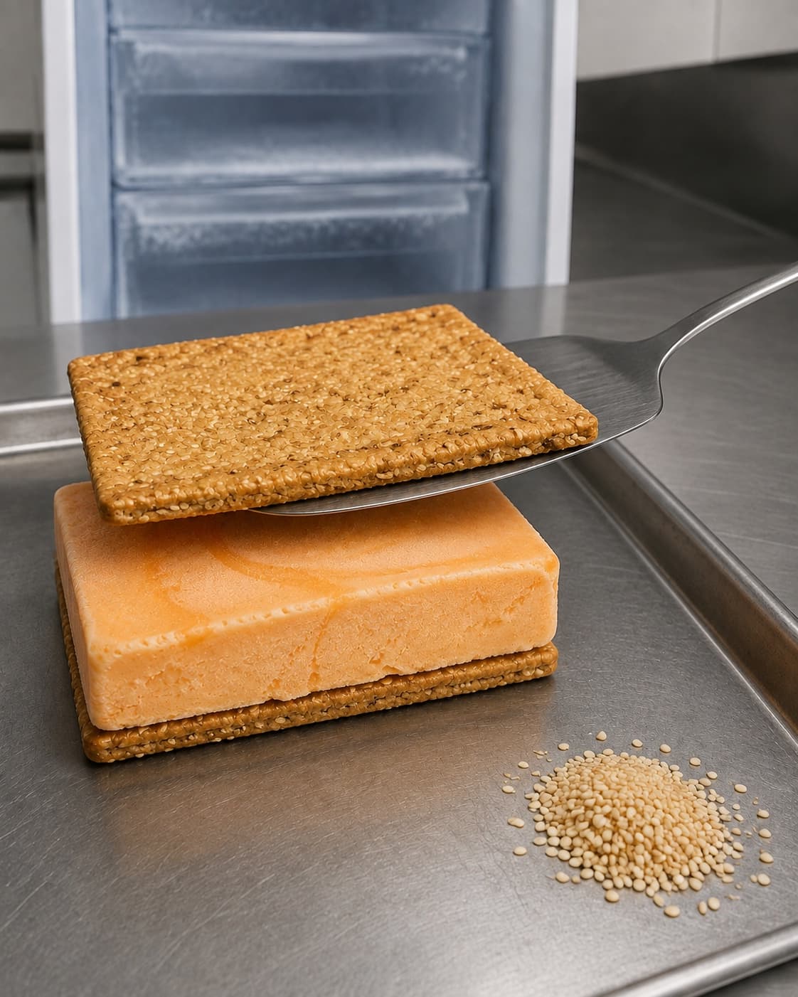 Issandwich samles med et 18 millimeter ferskenislag og fryses 30 minutter