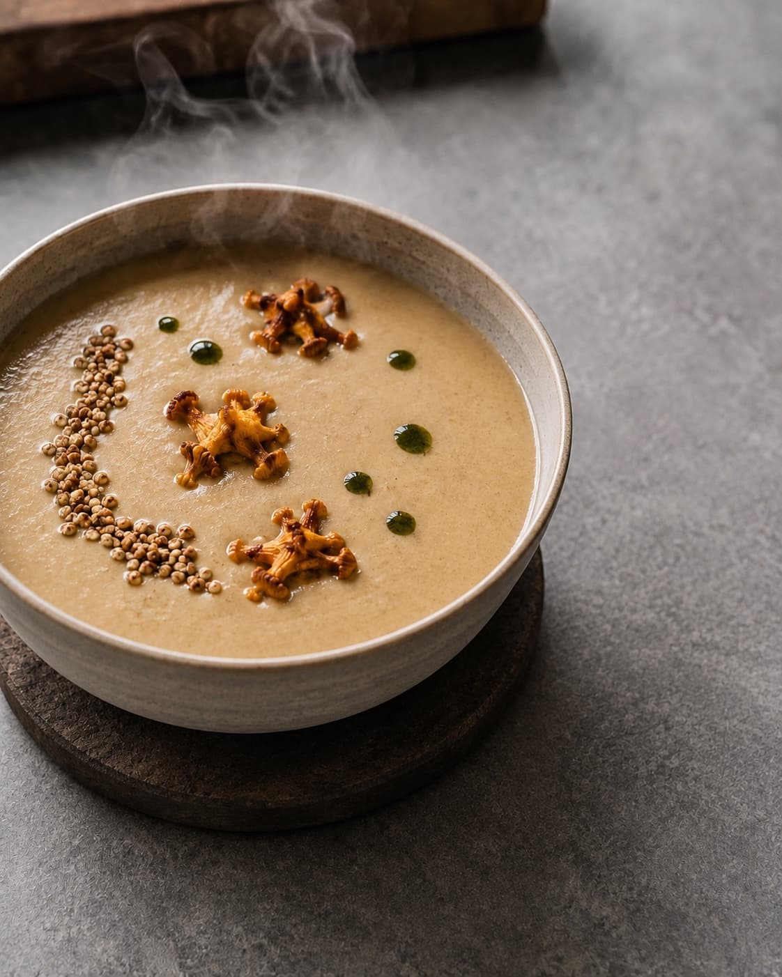 Kantarelsuppe serveres i portioner på 350 milliliter ved 75 grader