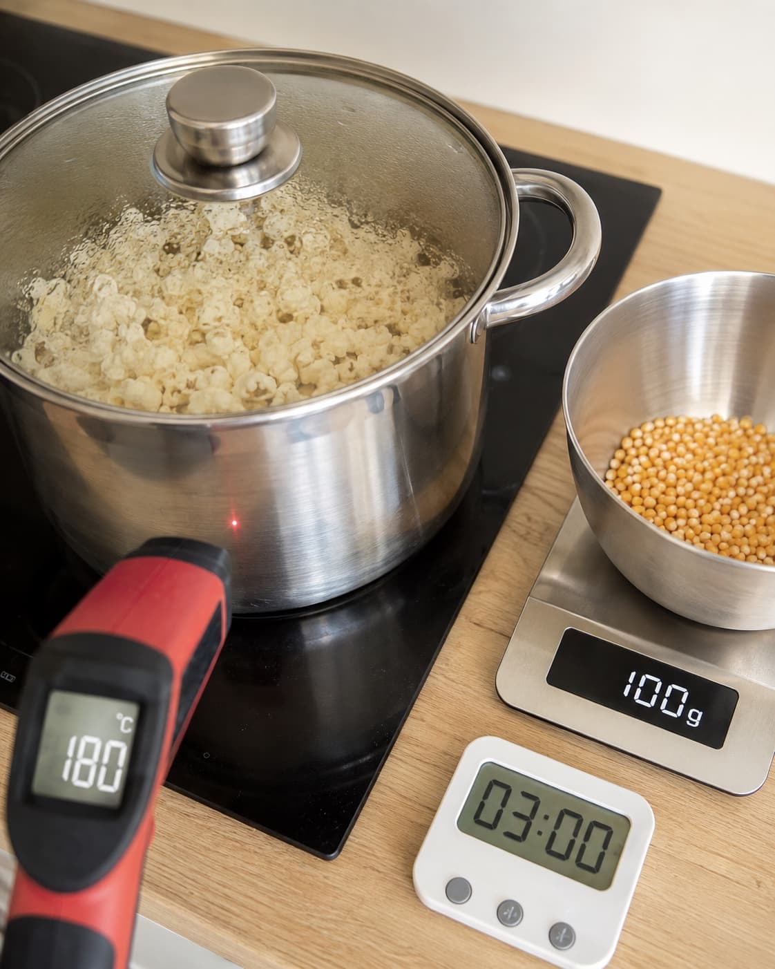 100 gram popcornmajs poppes ved 180 grader i cirka 3 minutter