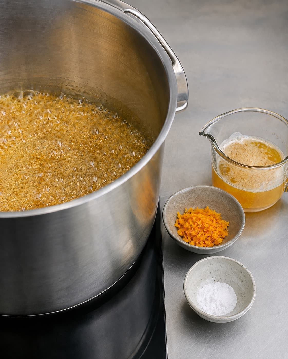 Karamel koges til 152 grader med brunet smør og appelsinskal klar