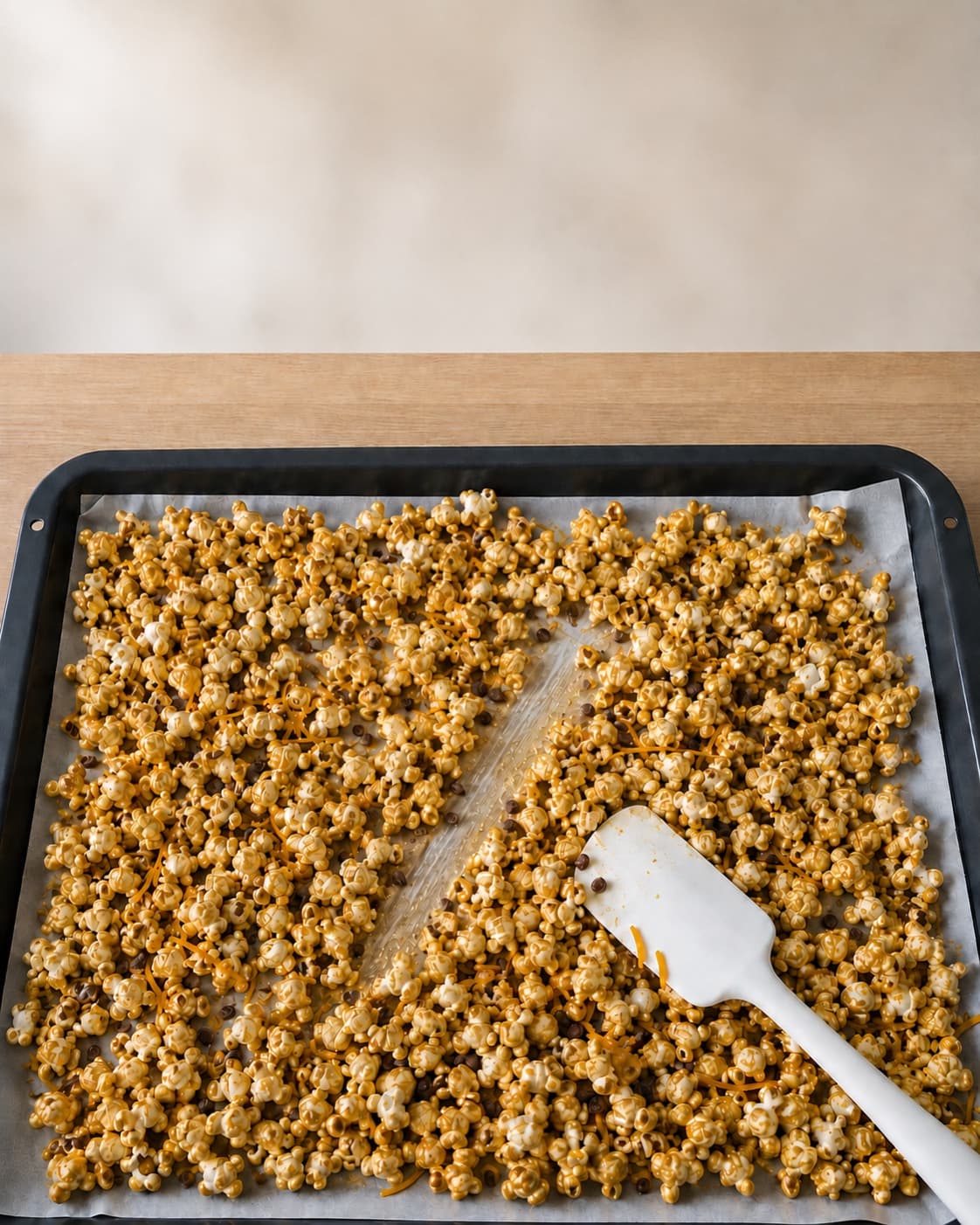 Karamelpopcorn tørres ved 120 grader i 35 minutter og køles til 25 grader