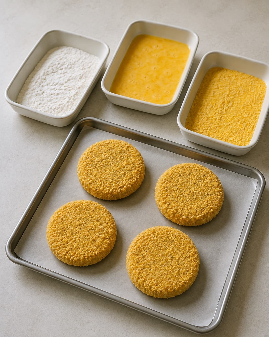 Fire karbonader paneres i mel, æg og grov polenta