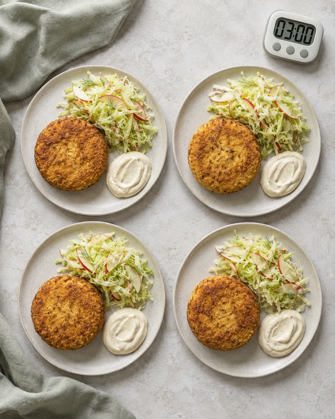 Fire karbonader serveres med lun kål-æblesalat og sennepsskyr