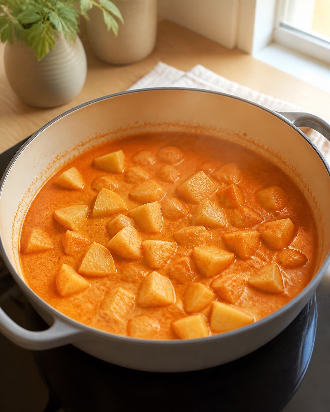 Ens kartoffelstykker småsimrer roligt i kokos-tomatsauce