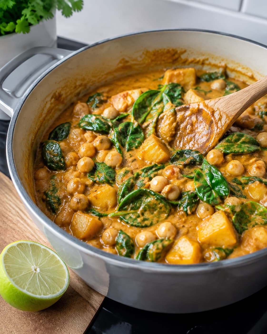Kikærter og spinat foldes sent i den tykke curry og afsluttes med lime