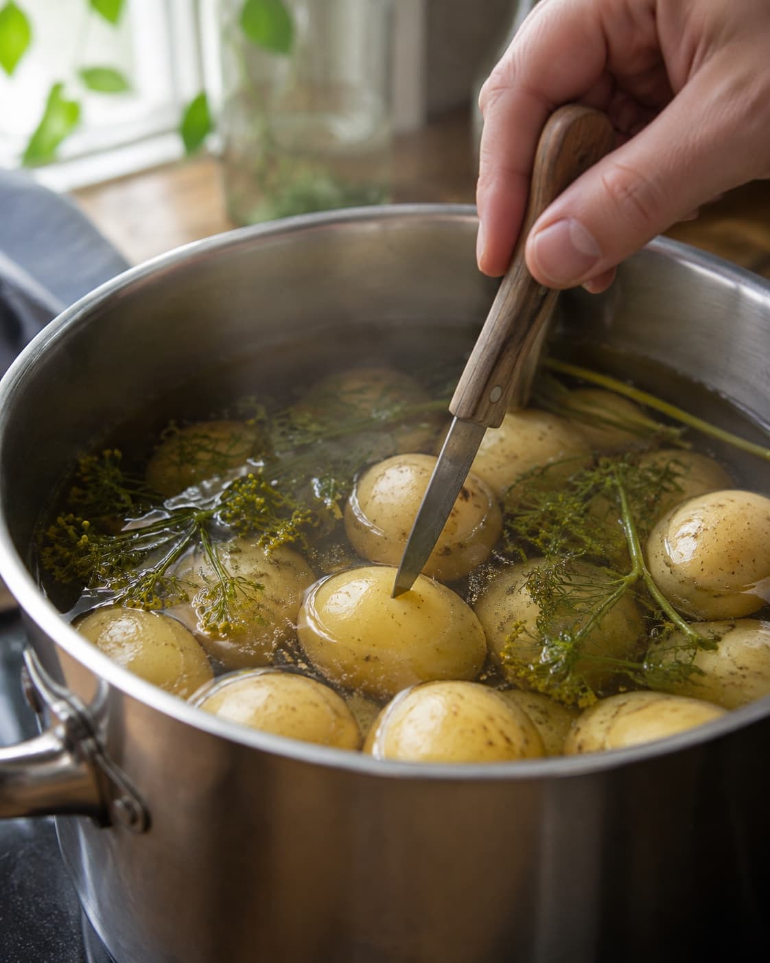 Nye kartofler simrer med dildstilke og testes med lille kniv