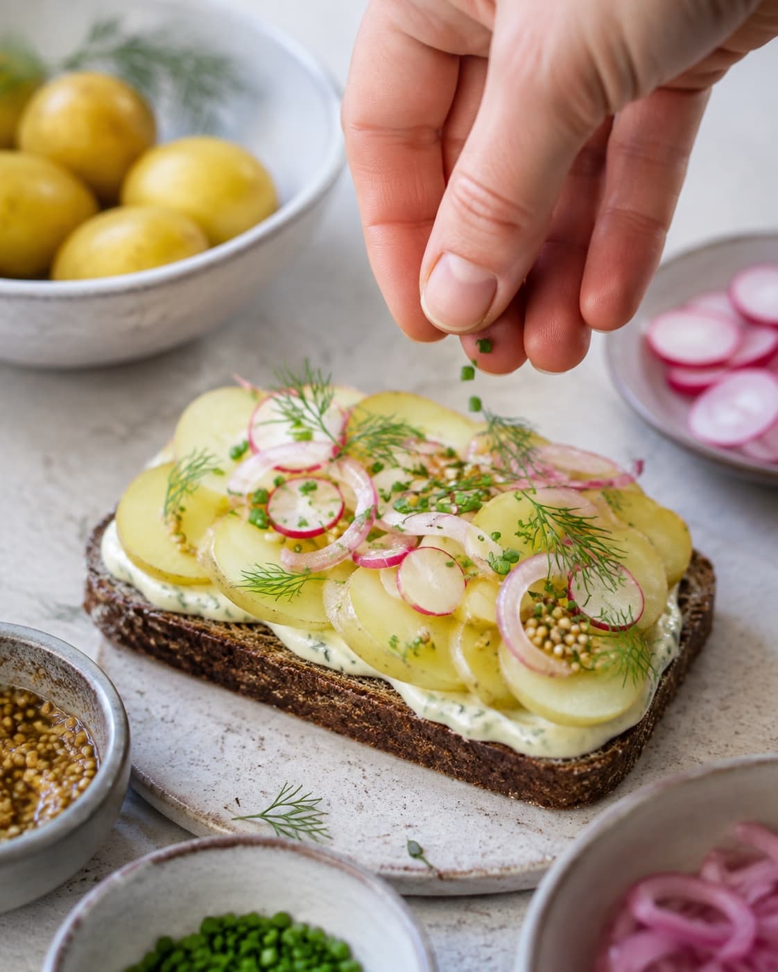 Kartoffelskiver lægges på rugbrød med mayo, sennepsfrø og sprødt løg