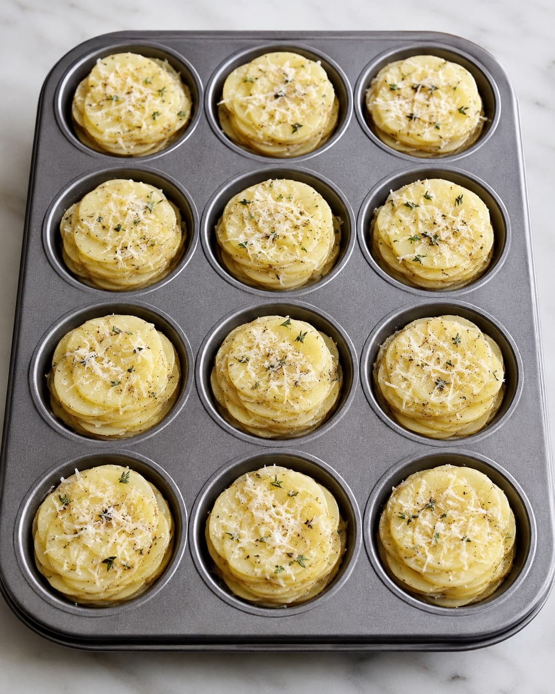 Tolv rå kartoffelstakke presses til ens højde i en muffinform