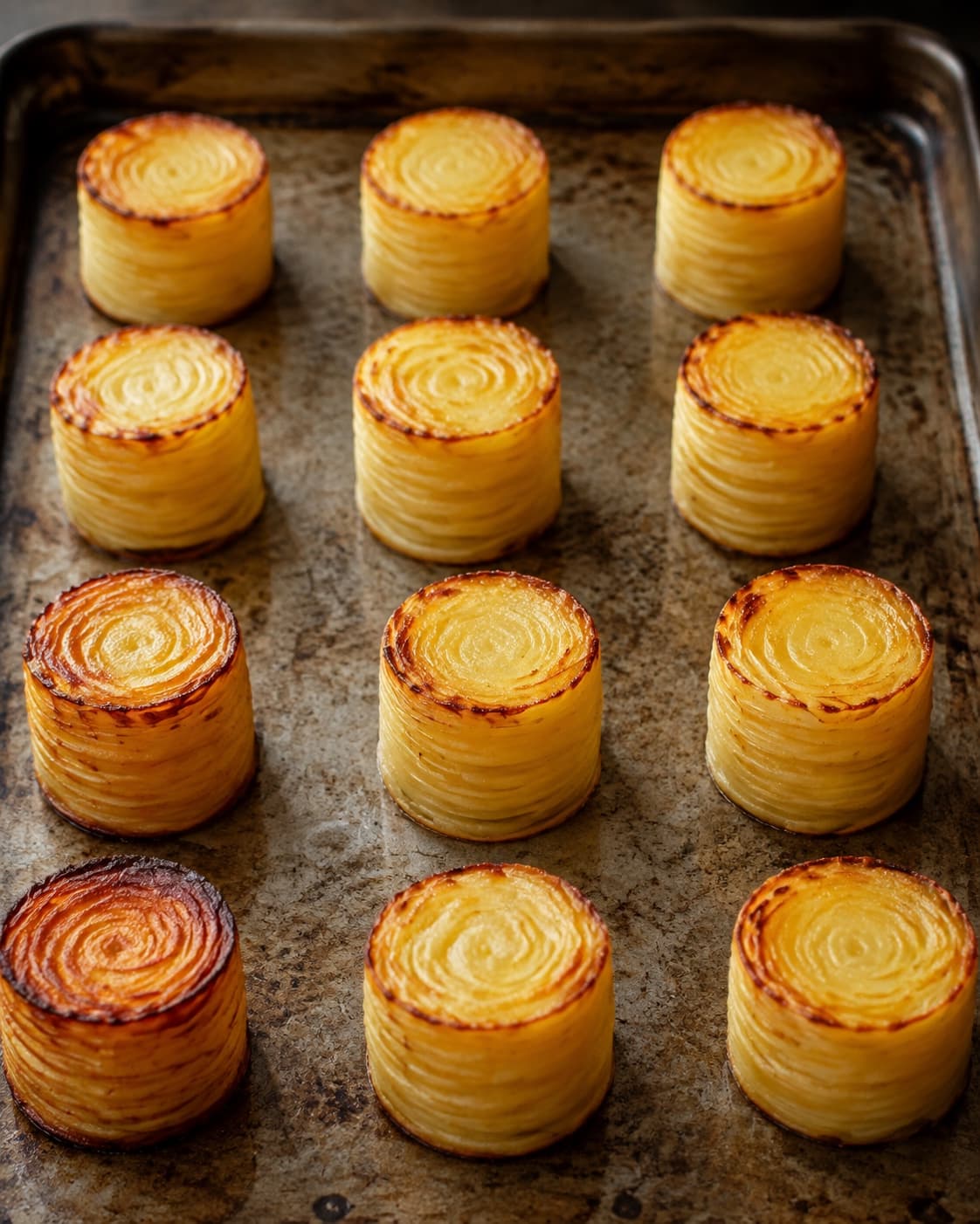 De bagte kartoffelstakke vendes ud og får sprøde kanter på en plade