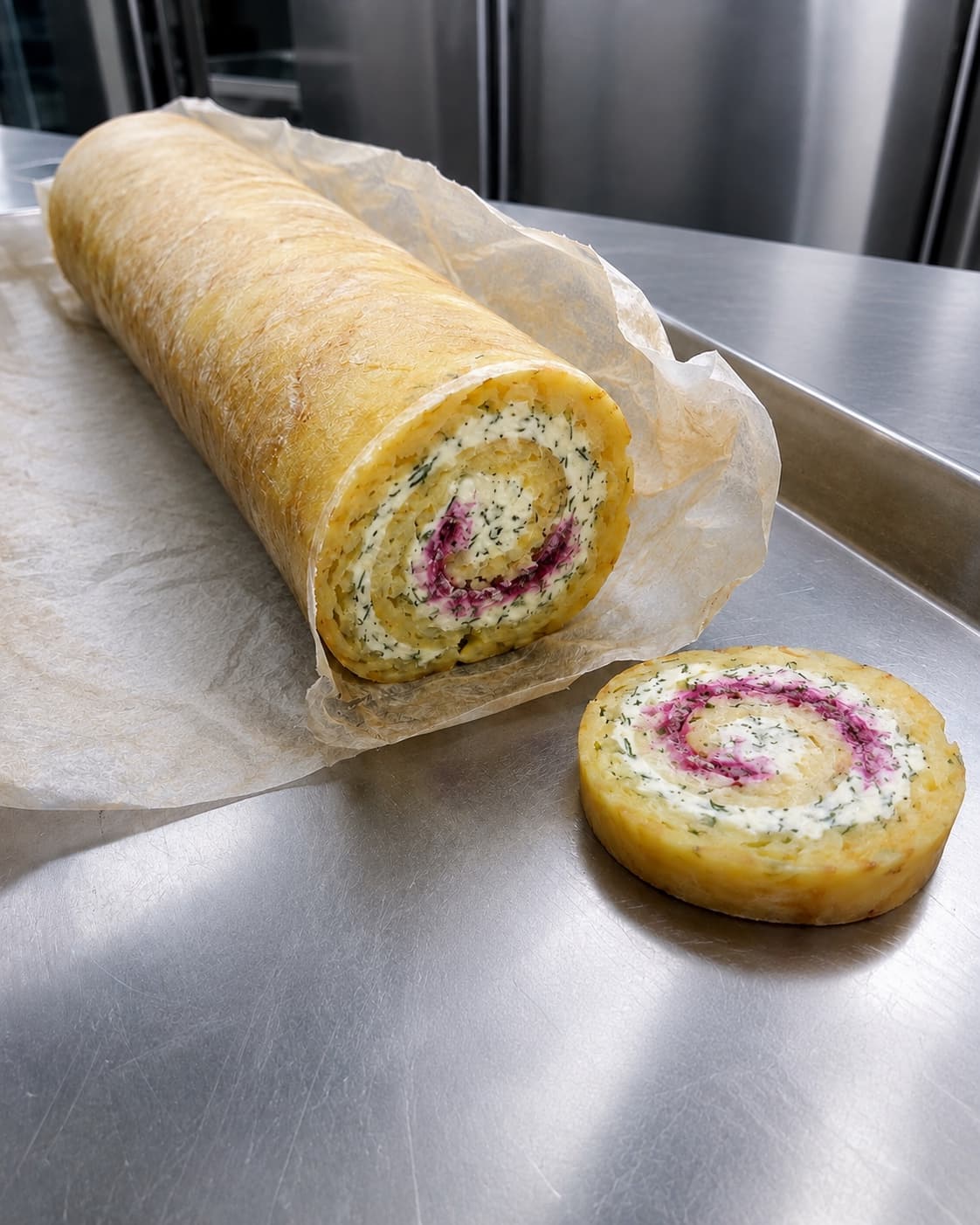 Kartoffelroulade køles 60 minutter ved 5 grader og skæres i 30 millimeter skiver