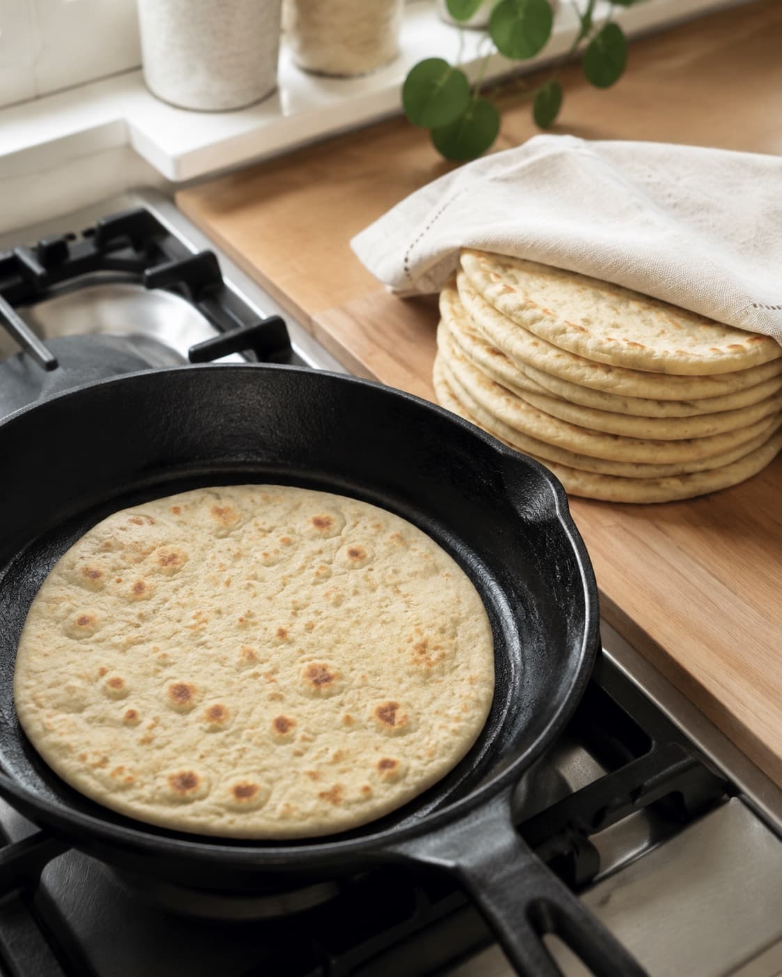 Kartoffelwraps tørsteges med brune pletter og holdes bløde under klæde