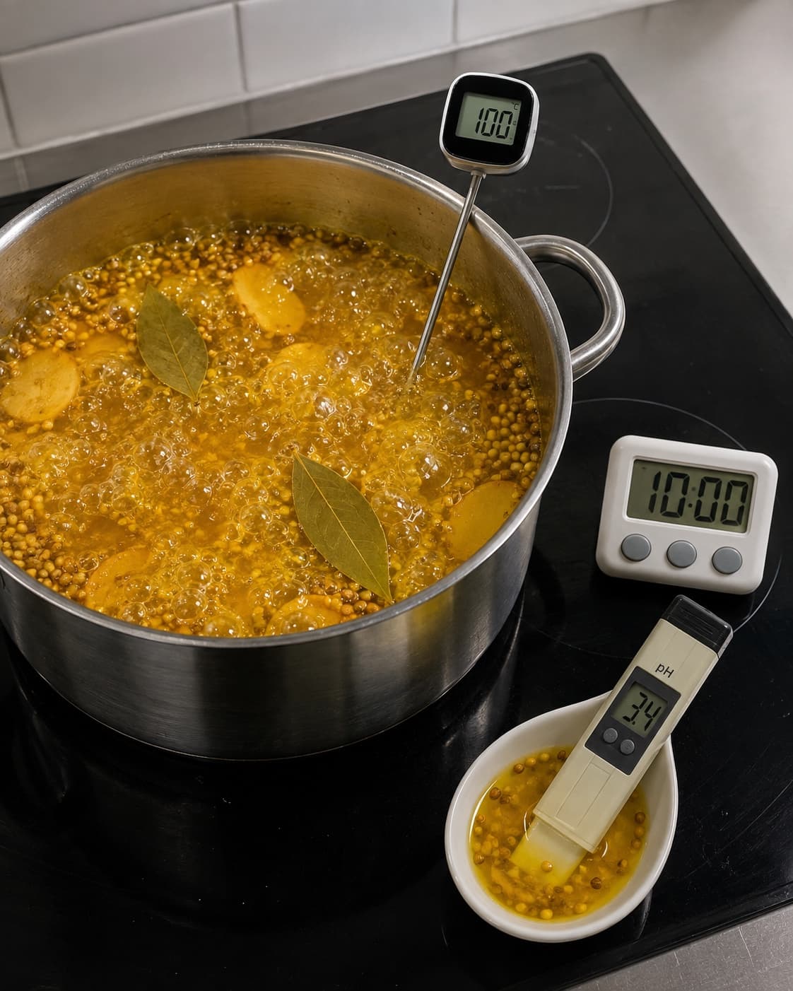Senneps-gurkemejelage koges ved 100 grader og måles til pH 3,4