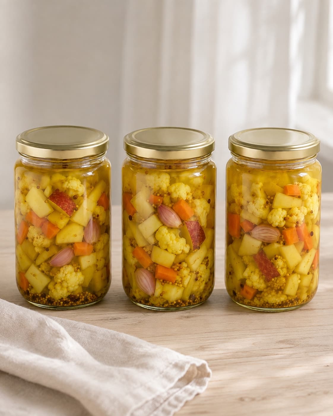 Tre glas køleskabspickles kontrolleres ved pH 4,2 og under fem grader