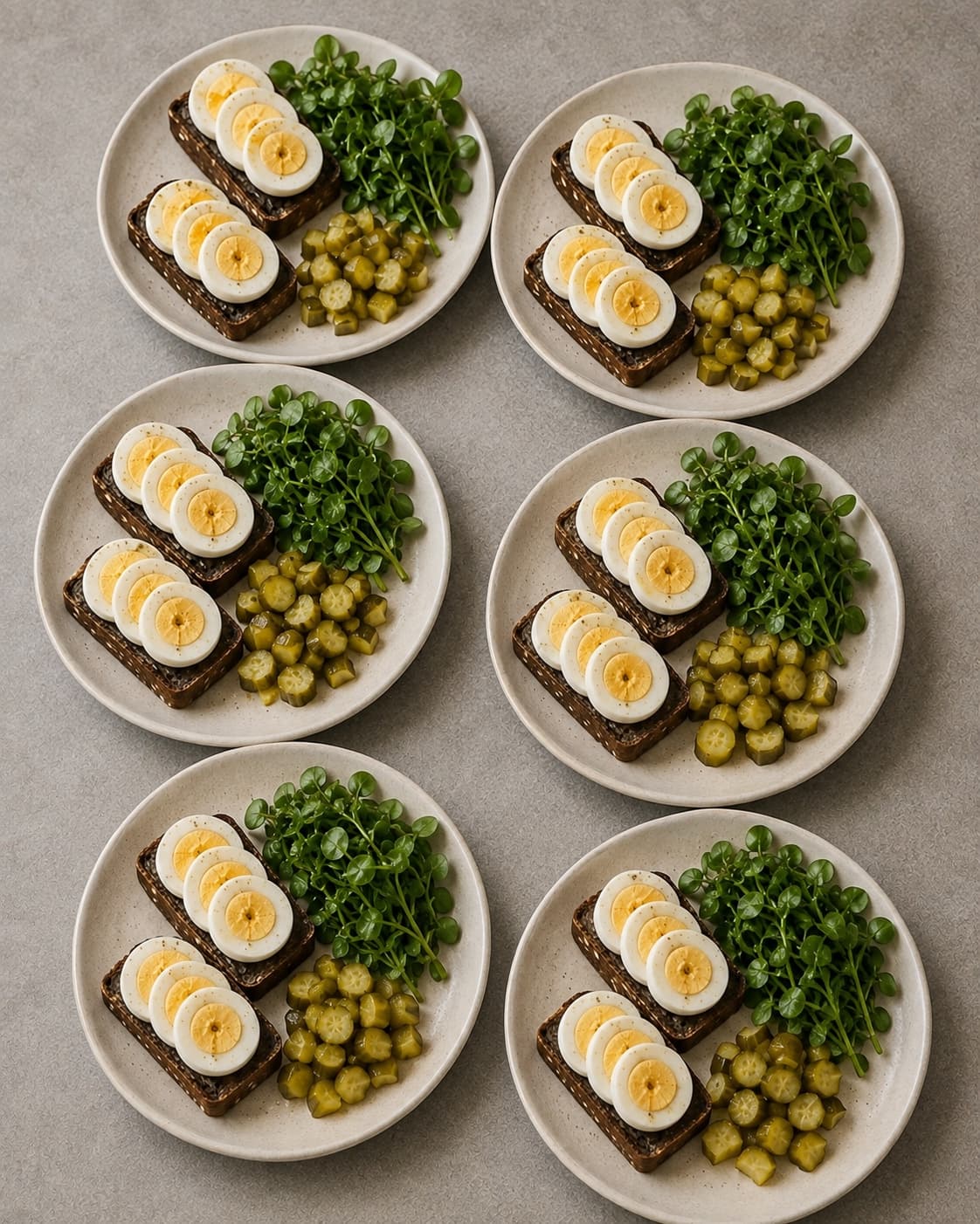 Seks komplette rugbrødsplatter portionsanrettes med æg og pickles