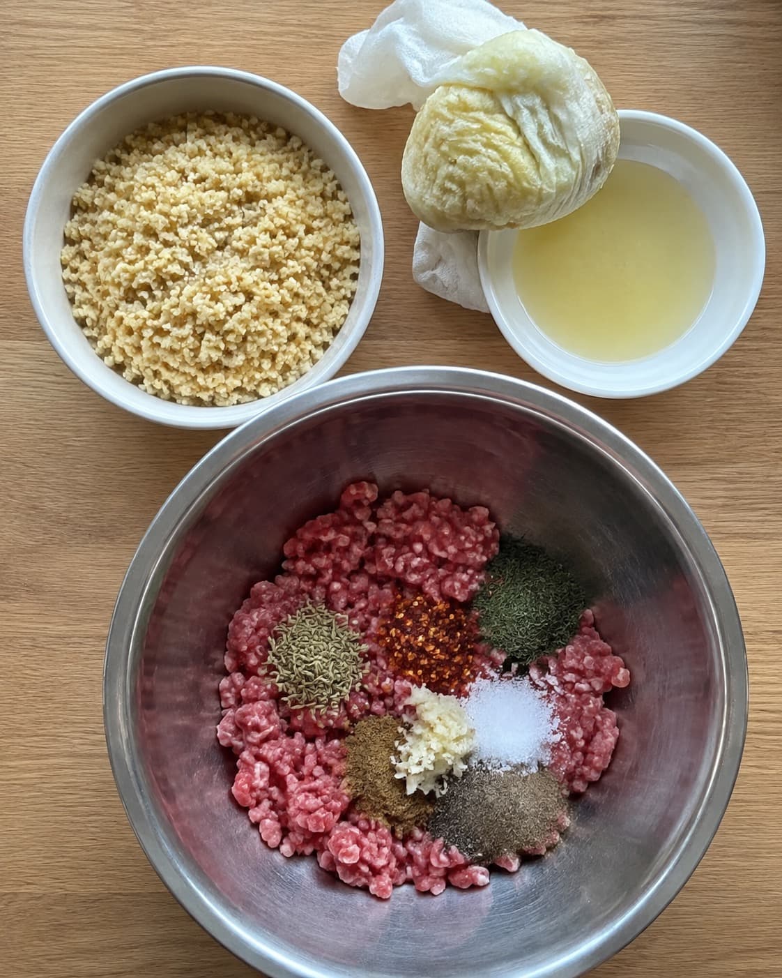 Opblødt bulgur og presset løg klargøres til krydret oksekødsfars
