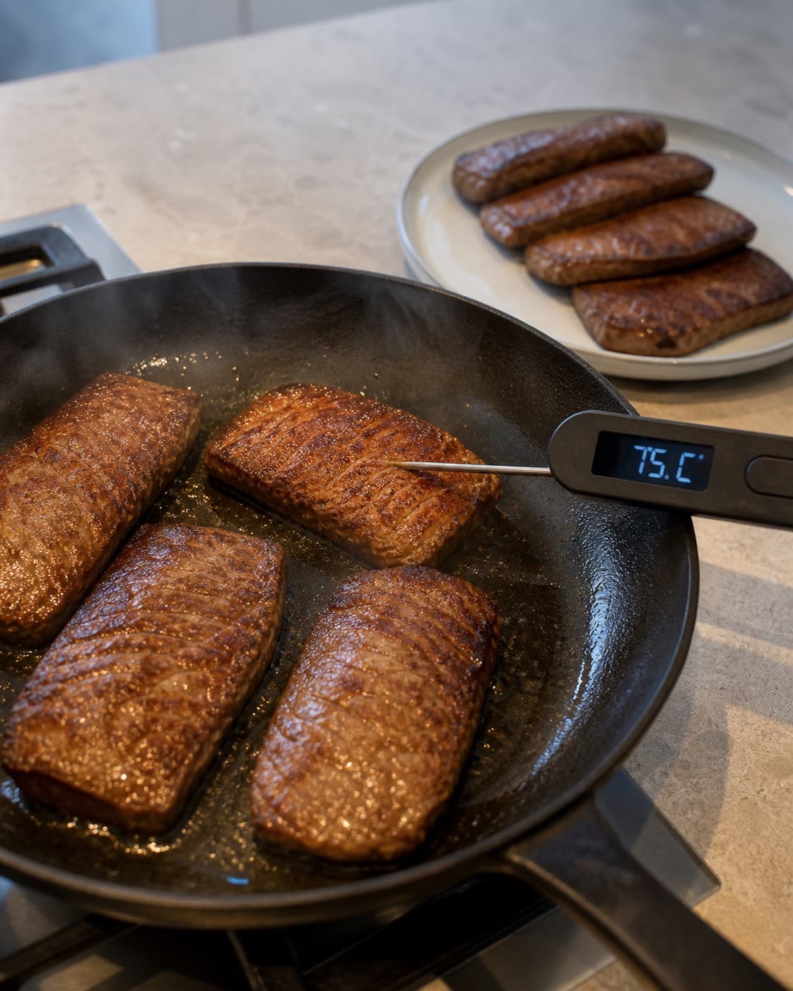 Fire kofte steges ad gangen og måles til 75 grader i centrum