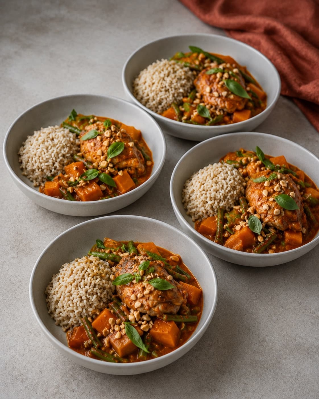 Fire portioner rød karry serveres med brune ris og peanuts