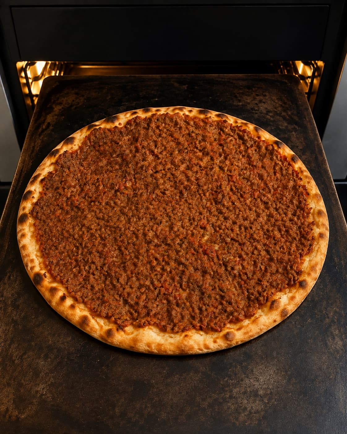 Lahmacun bages 7 minutter ved 250 grader til 75 grader i kødet
