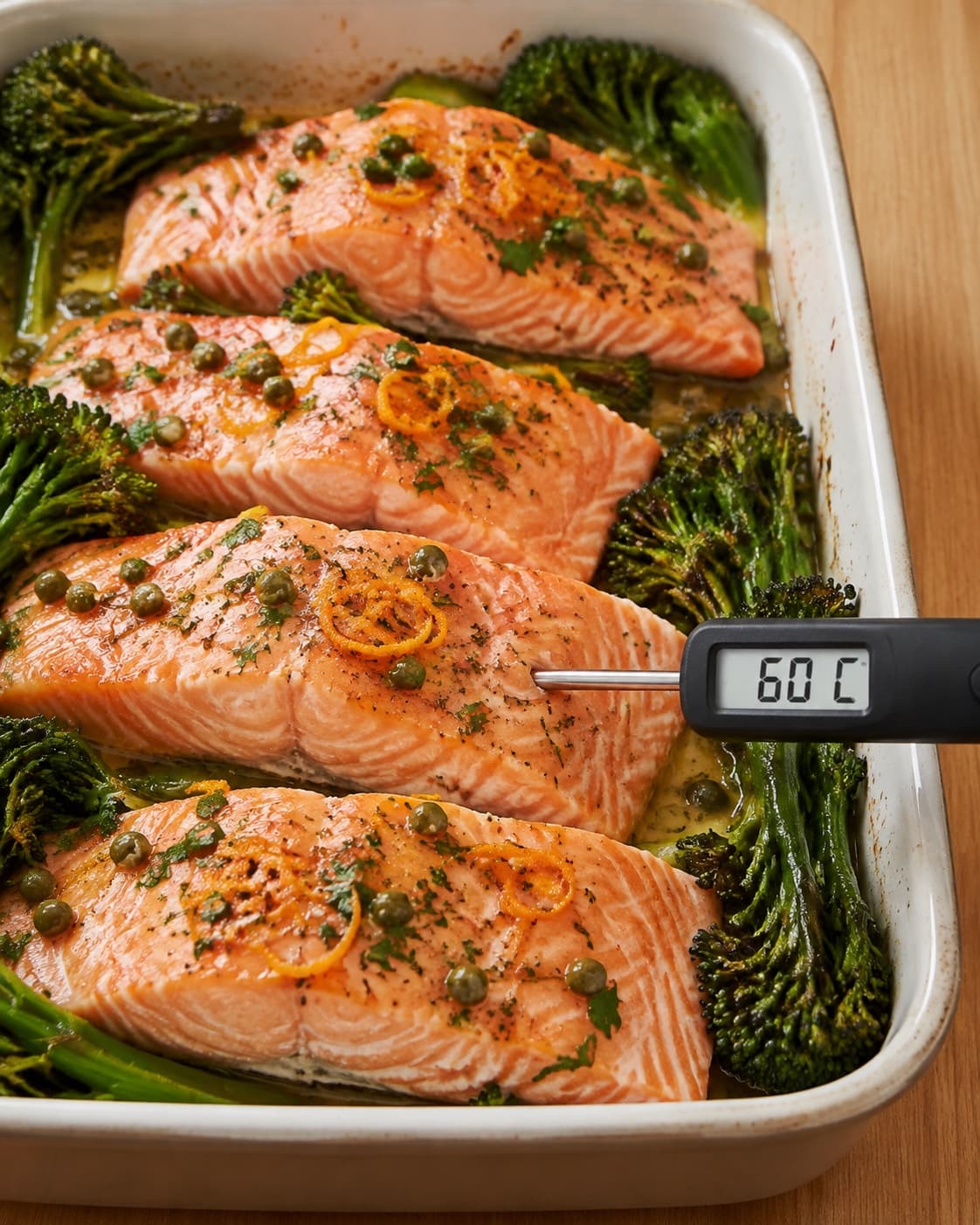 Ovnbagt laks med broccolini måles fra siden til 60 grader i det tykkeste stykke