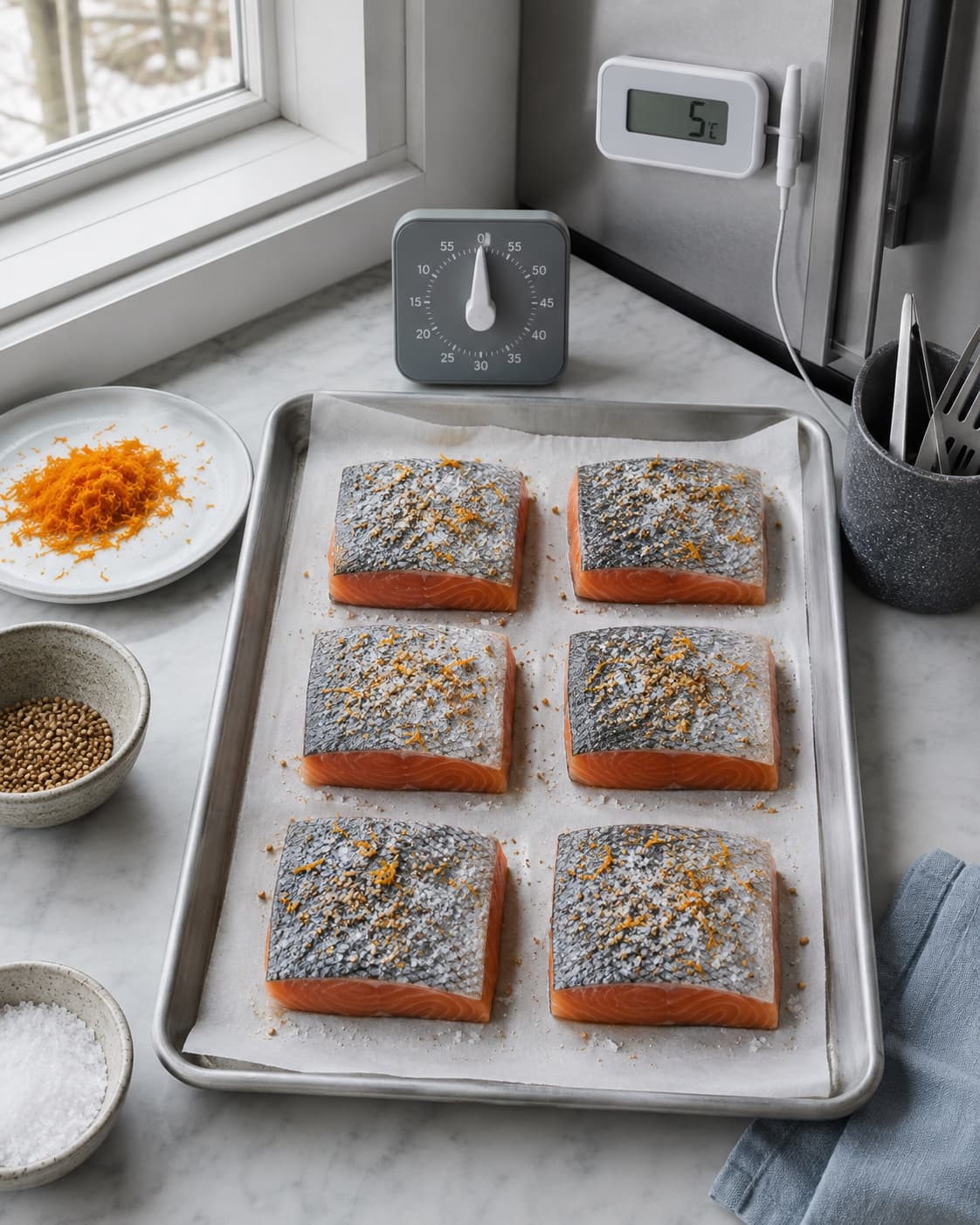Seks lakseportioner letsaltes koldt med appelsin og koriander