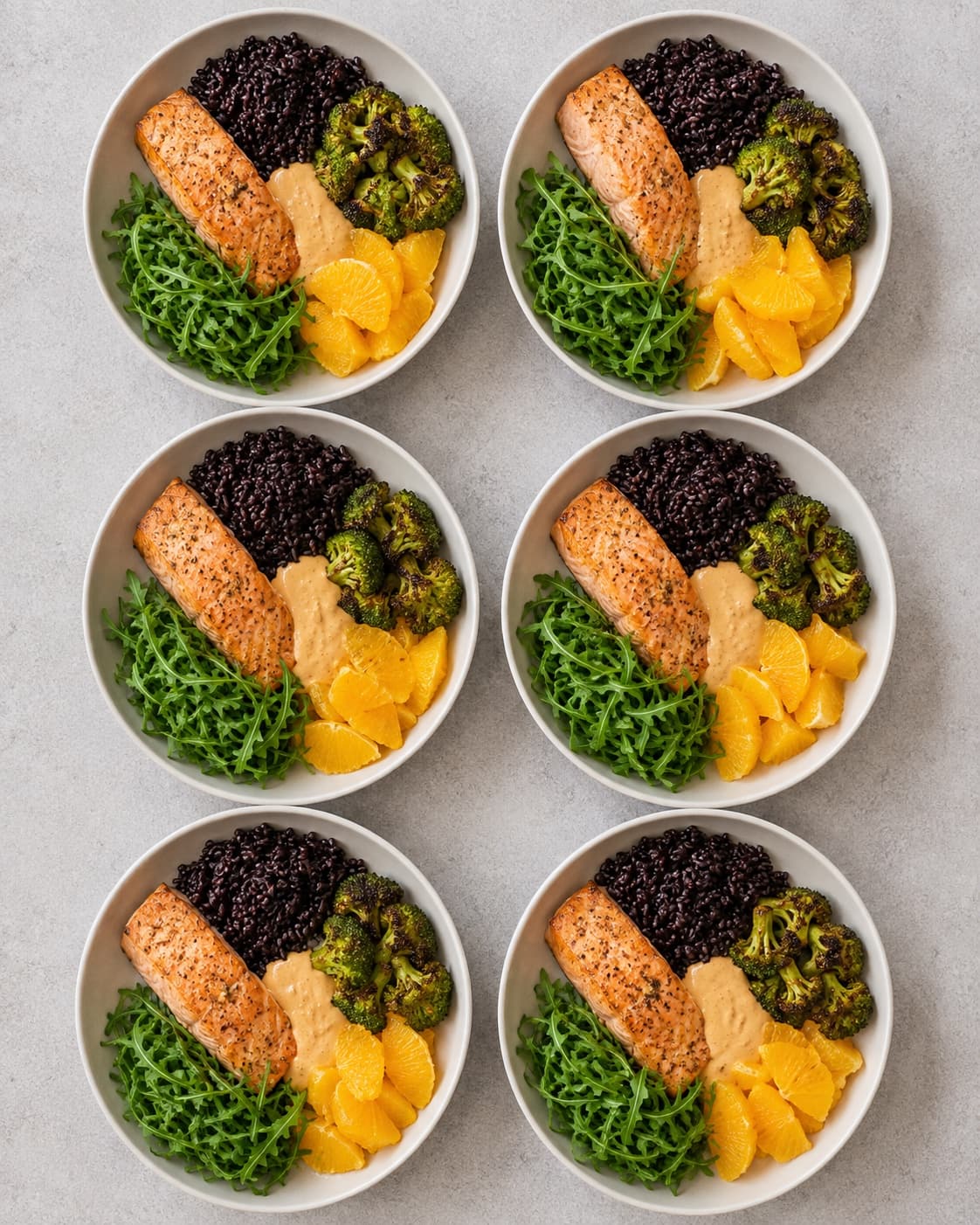 Seks laksesalater anrettes med sorte ris, broccoli, appelsin og tahin