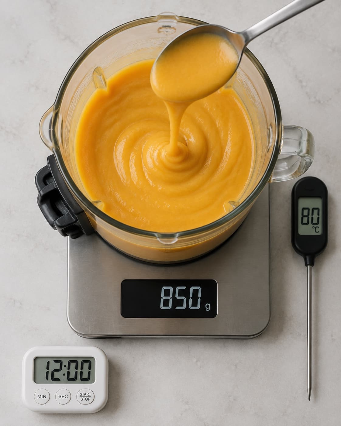 Butternut og mælk blendes til 850 gram glat puré