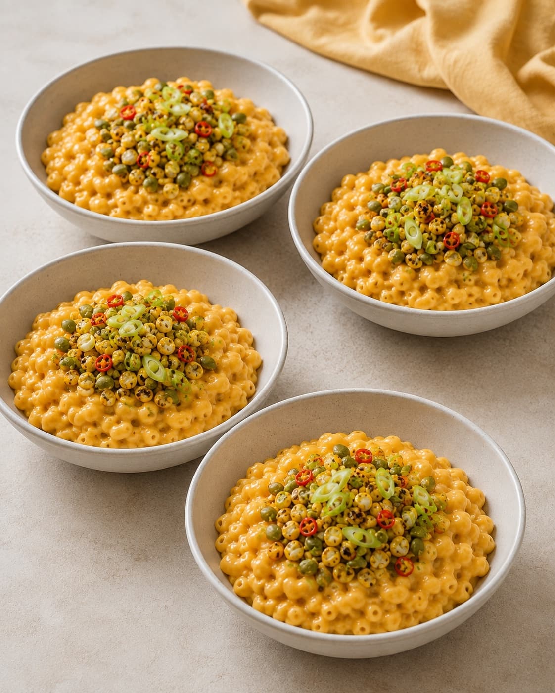 Fire skåle mac and cheese serveres med 75 gram topping