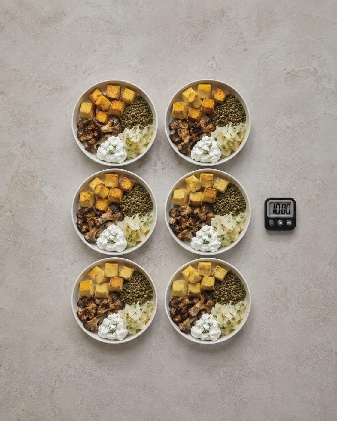 Seks komplette mættende salatbowls anrettes i tydelige felter