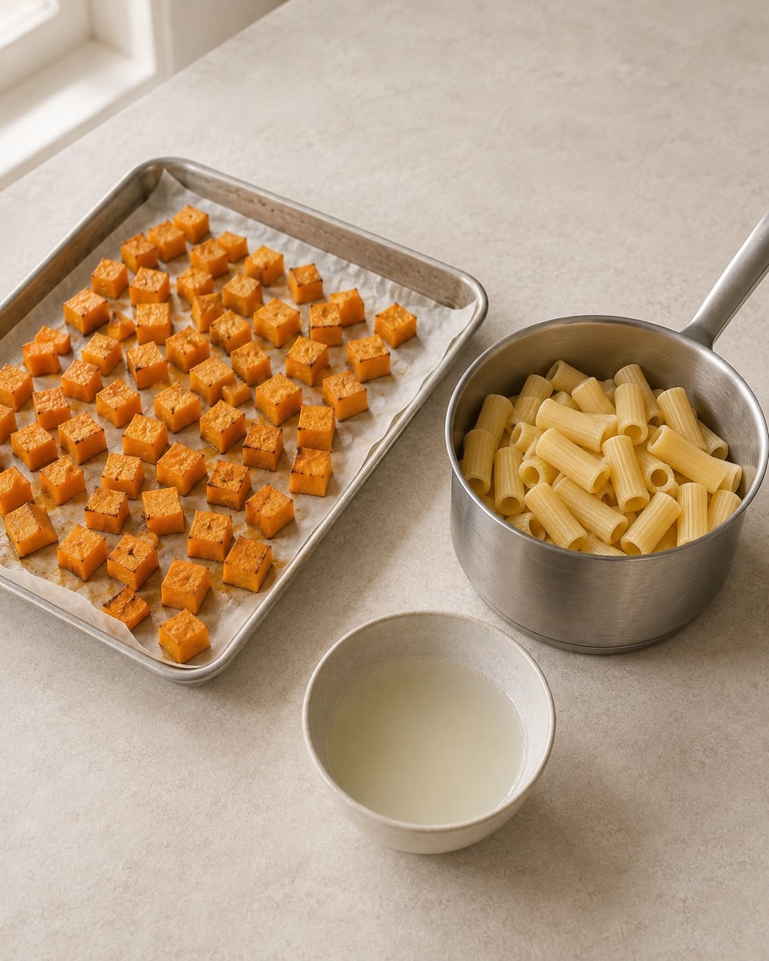 Græskar bages mens rigatoni koges og pastavand gemmes