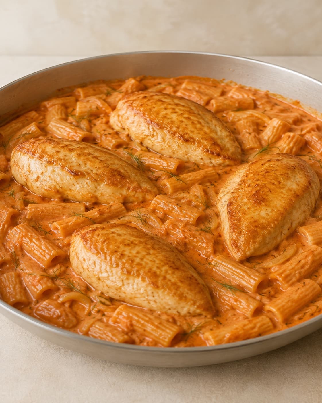 Fire kyllingebryster færdiggøres til 75 grader i bundet pastasauce